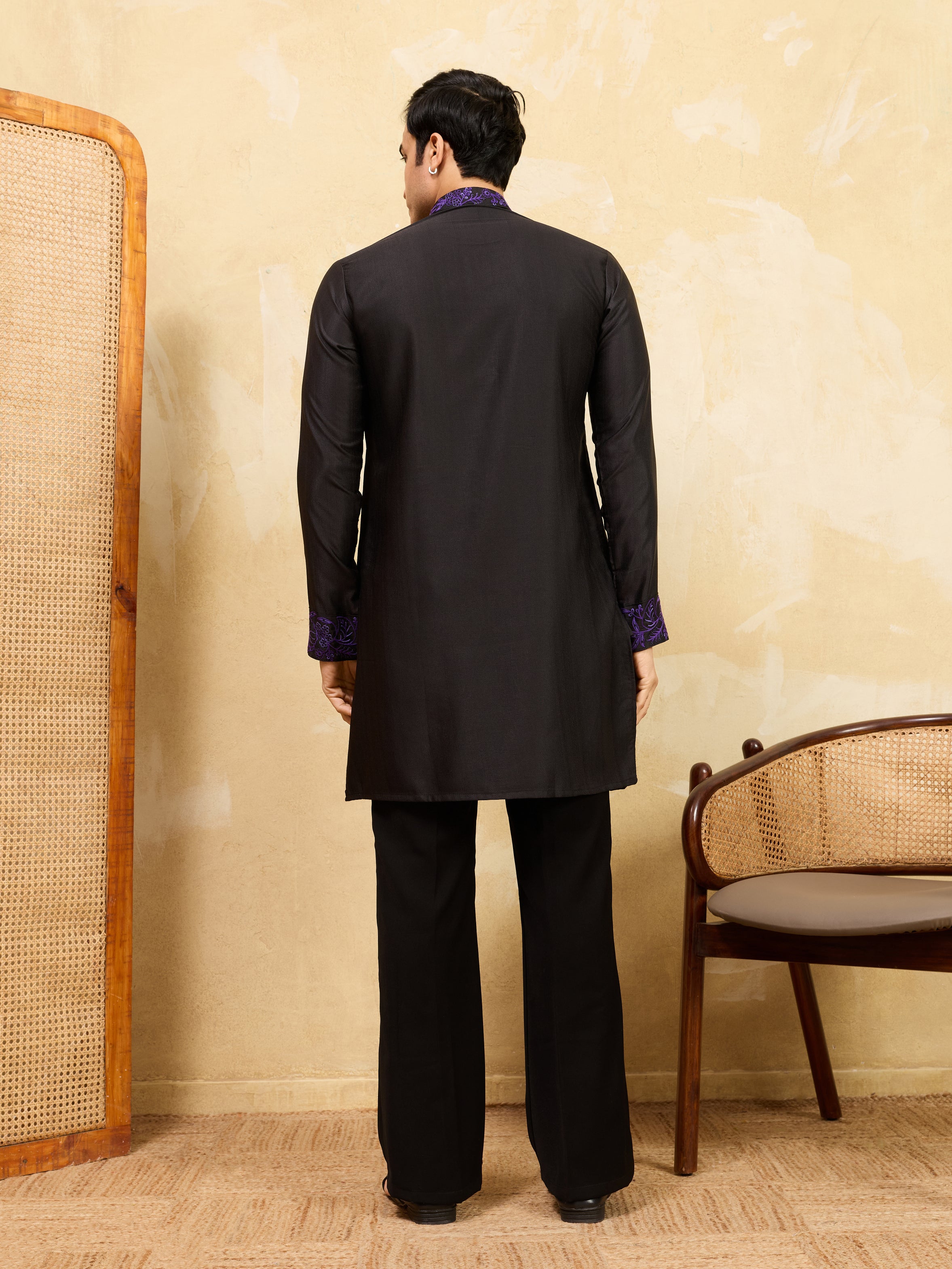 Royal Khadi Silk Kurta With Purple Thread Work
