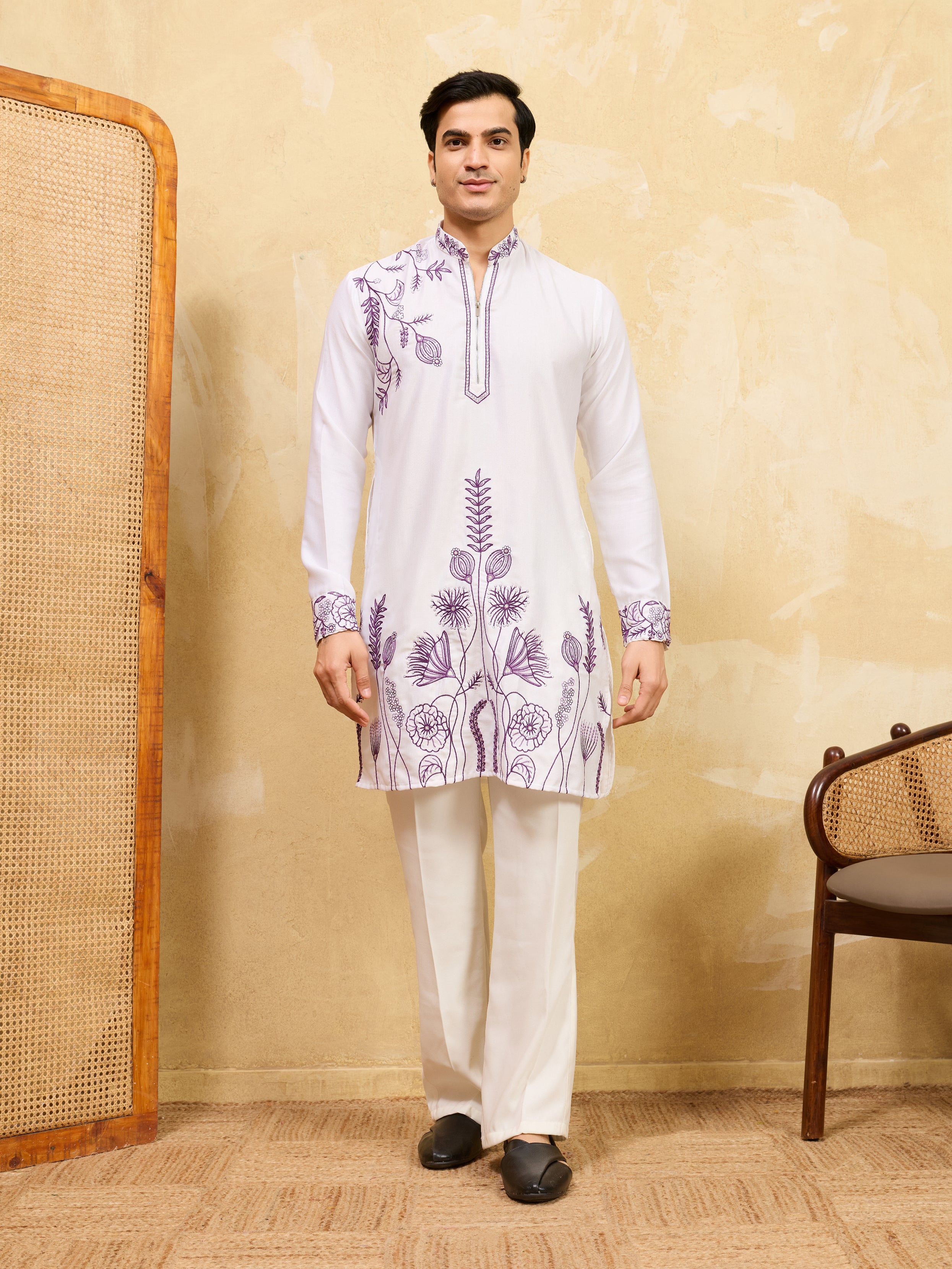 Regal Khadi Silk White Kurta with Purple Thread Work
