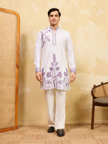 Regal Khadi Silk White Kurta with Purple Thread Work
