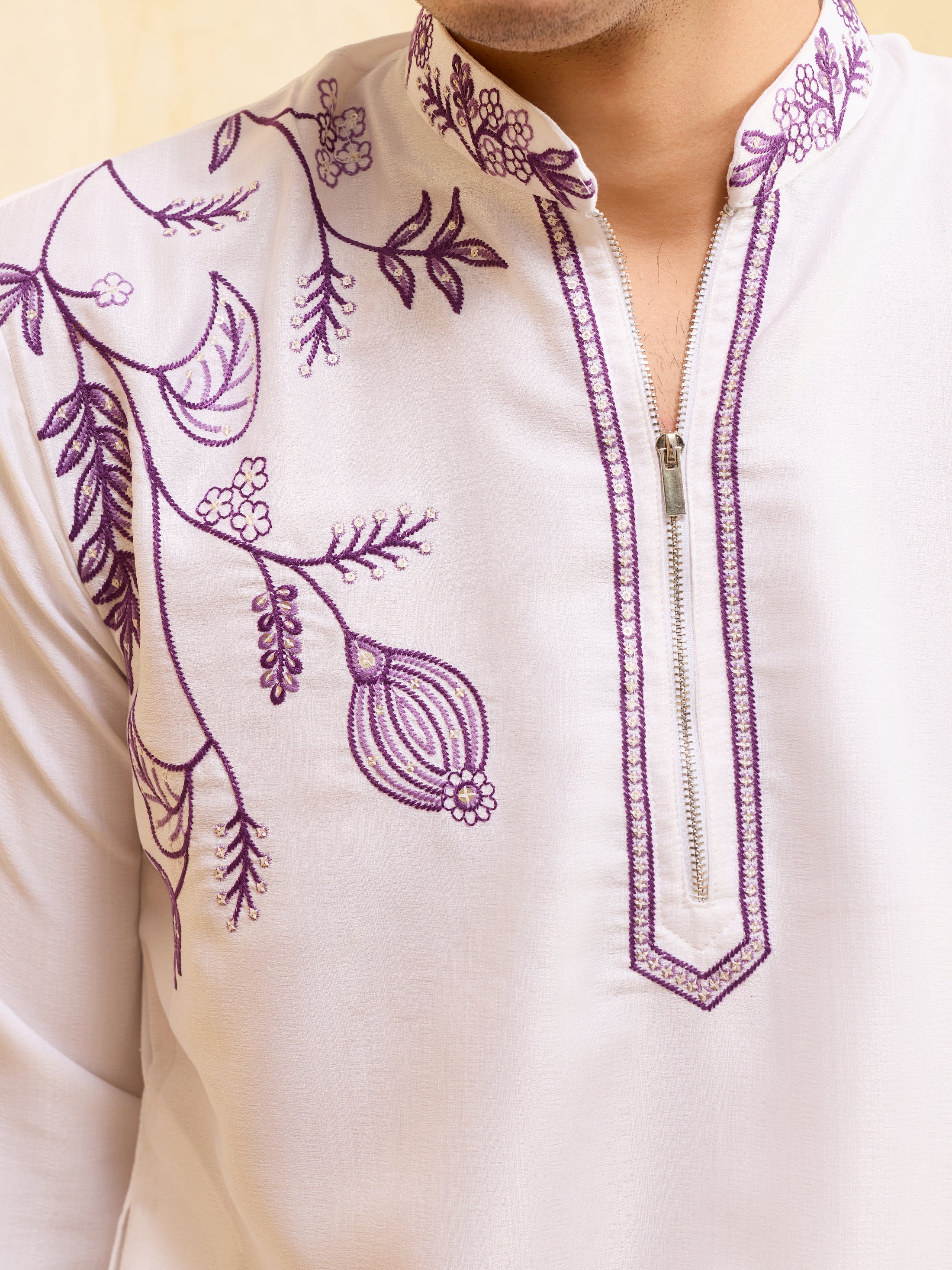 Regal Khadi Silk White Kurta with Purple Thread Work
