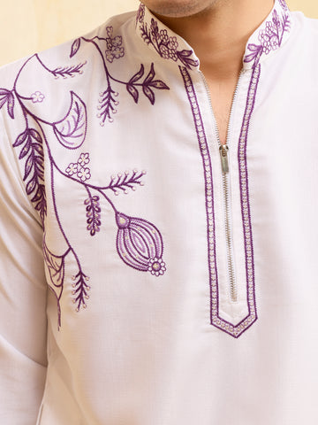 Regal Khadi Silk White Kurta with Purple Thread Work
