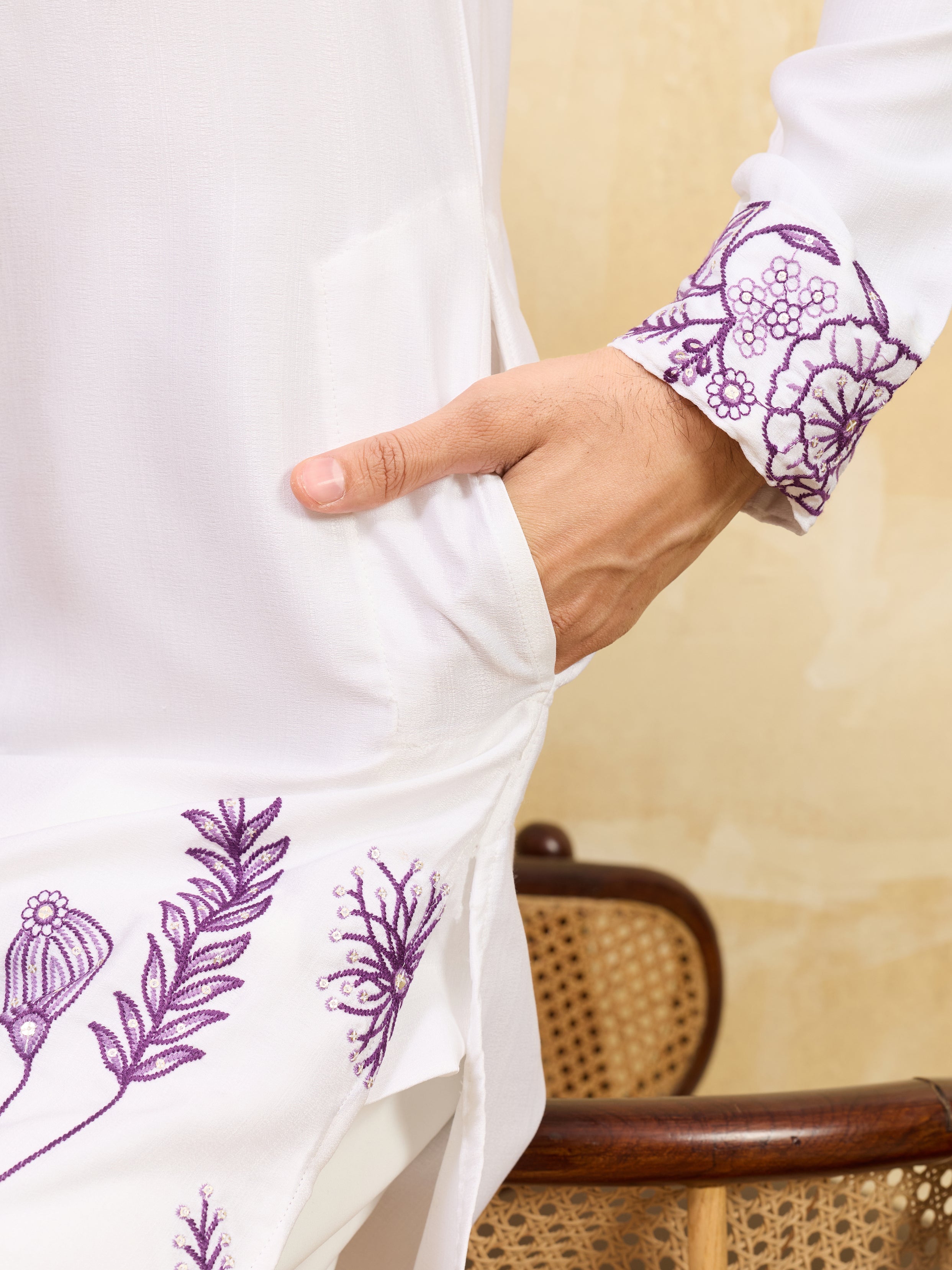 Regal Khadi Silk White Kurta with Purple Thread Work
