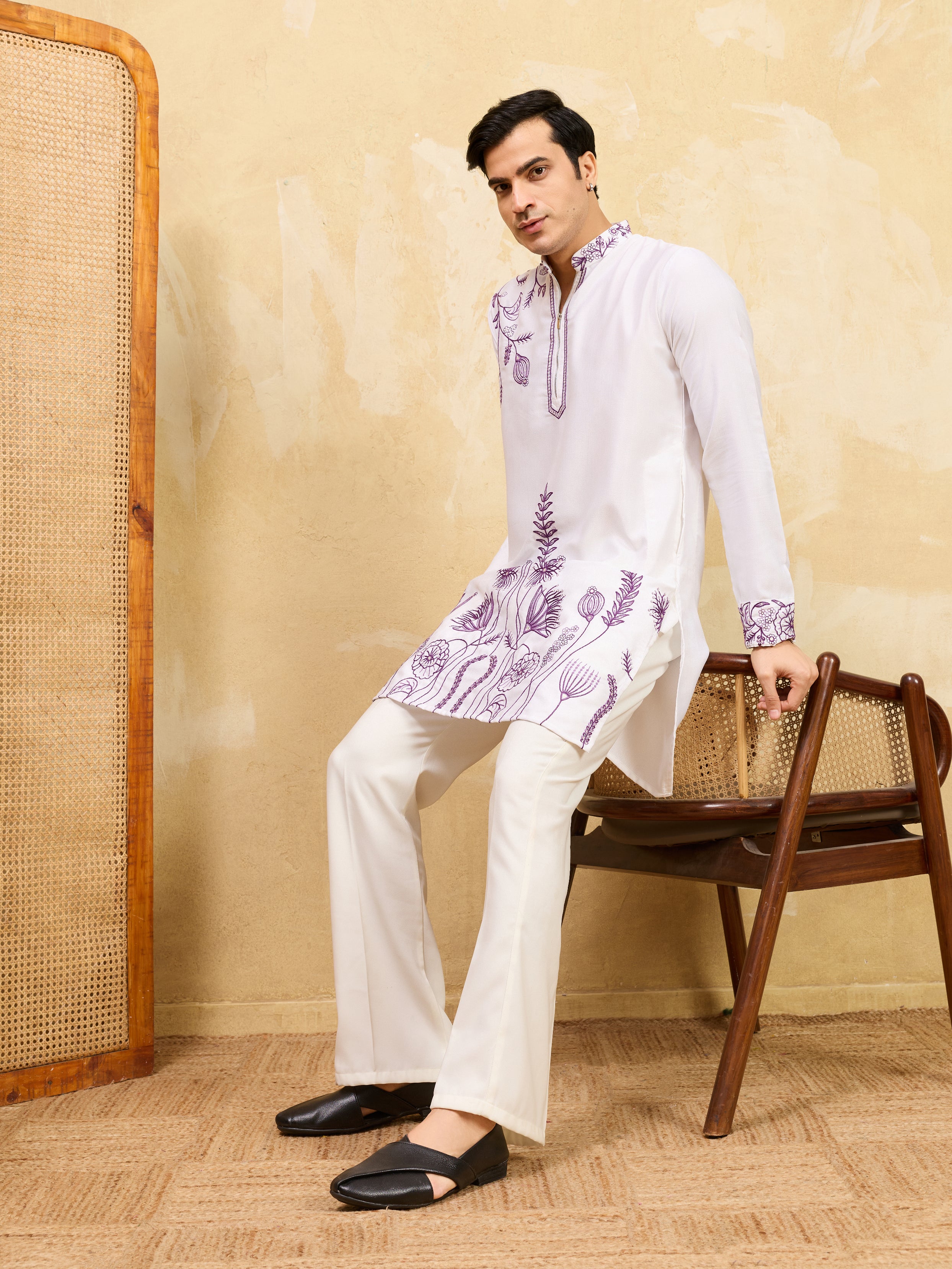 Regal Khadi Silk White Kurta with Purple Thread Work
