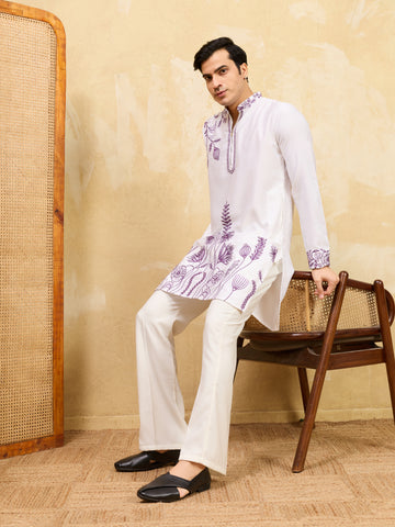 Regal Khadi Silk White Kurta with Purple Thread Work
