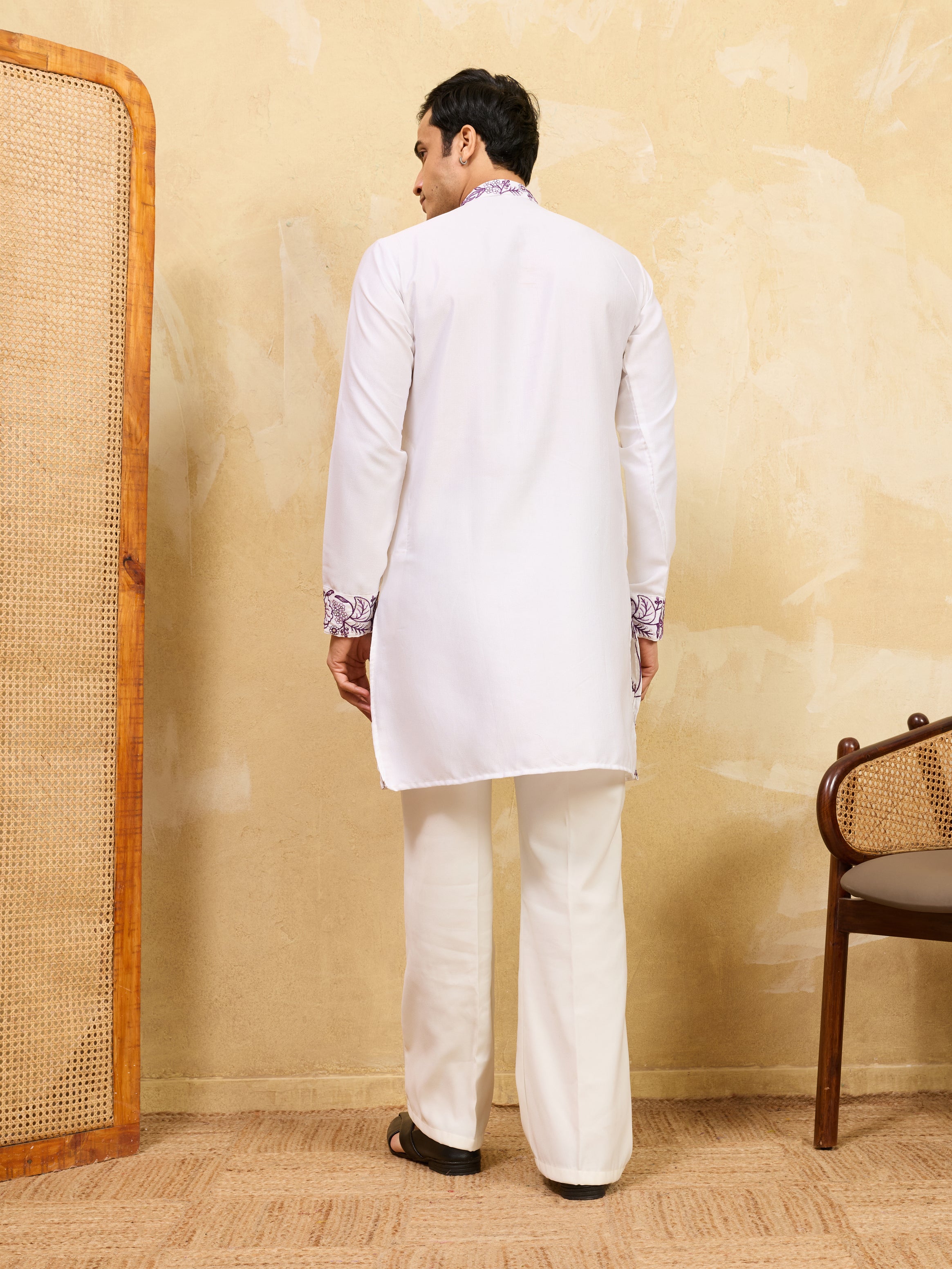 Regal Khadi Silk White Kurta with Purple Thread Work
