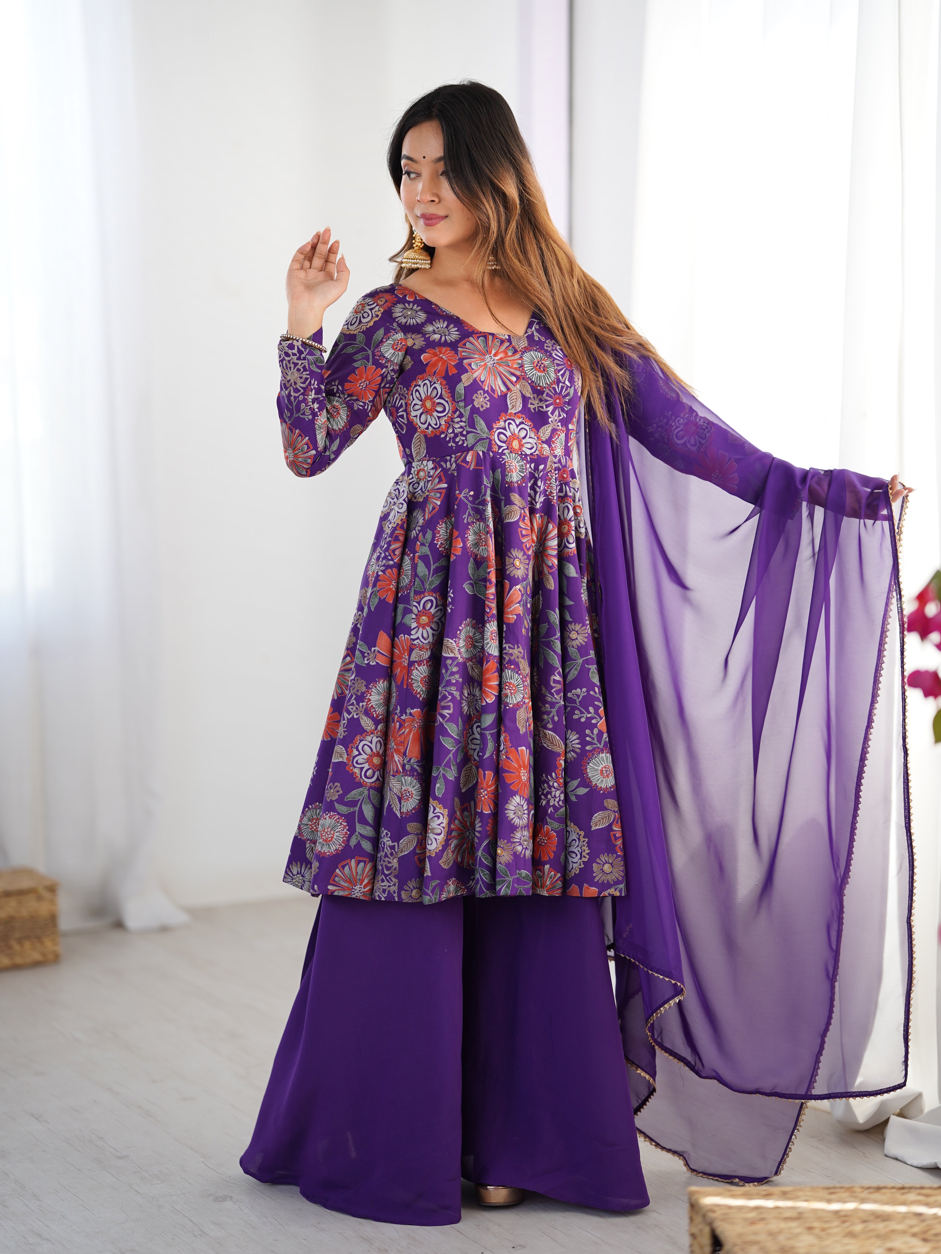 The Charm of Vibrant Traditions Top & Palazzo Suit Set - Purple