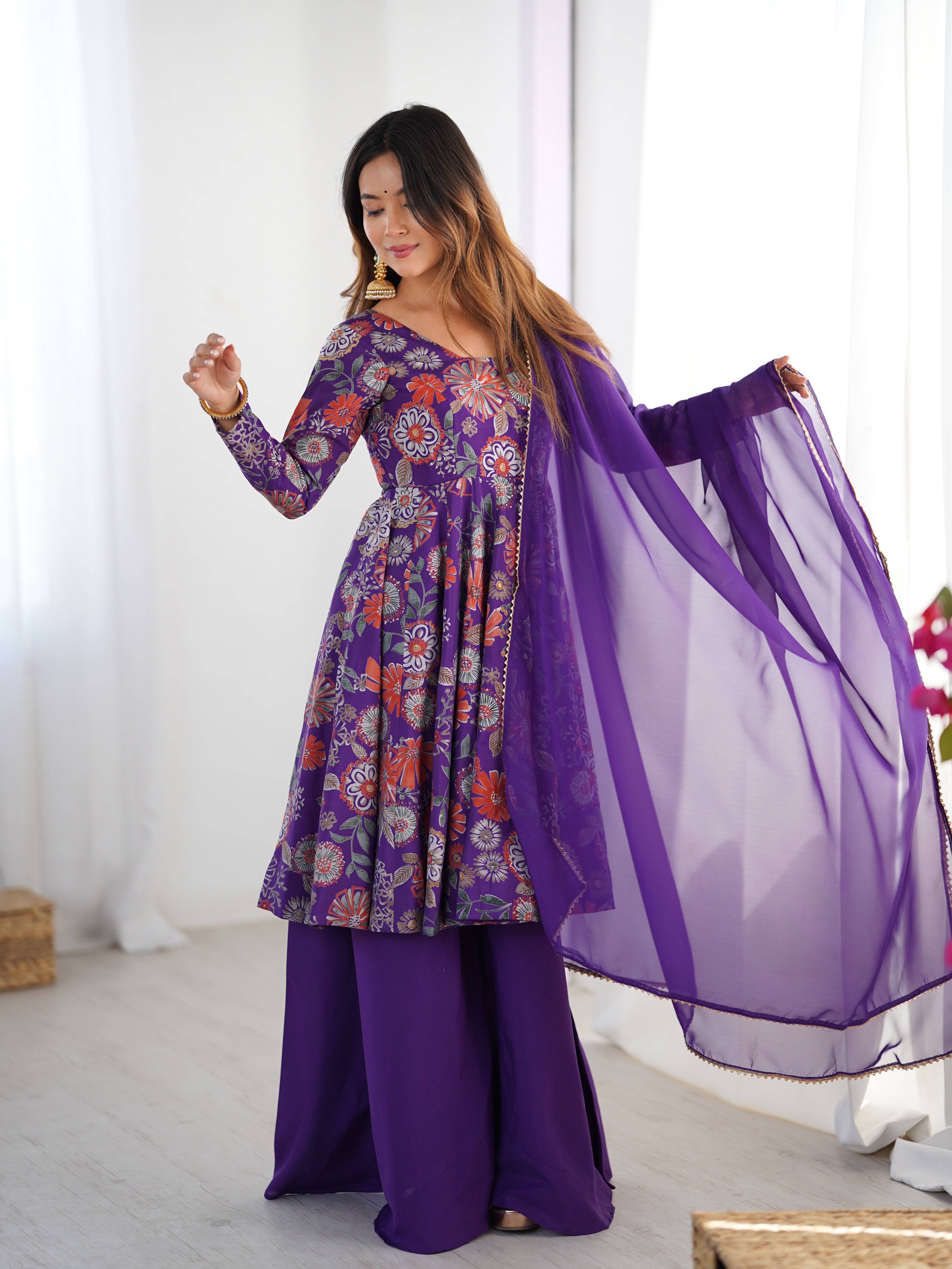 The Charm of Vibrant Traditions Top & Palazzo Suit Set - Purple
