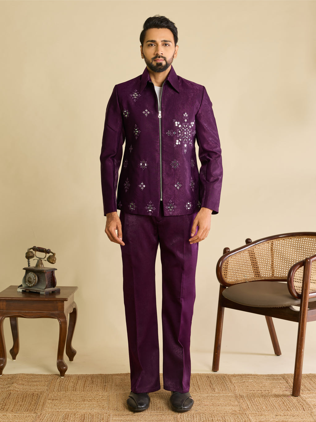 Bold Purple Velvet Mirror Embroidery Bomber Jacket Set for Men
