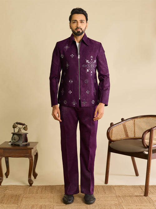 Bold Purple Velvet Mirror Embroidery Bomber Jacket Set for Men
