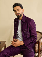 Bold Purple Velvet Mirror Embroidery Bomber Jacket Set for Men
