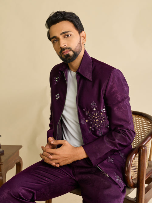 Bold Purple Velvet Mirror Embroidery Bomber Jacket Set for Men

