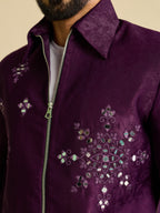 Bold Purple Velvet Mirror Embroidery Bomber Jacket Set for Men
