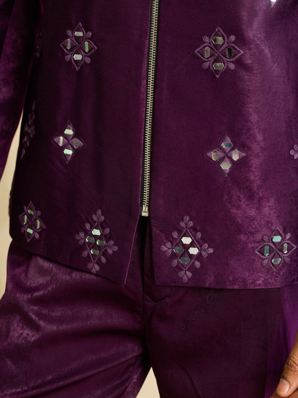 Bold Purple Velvet Mirror Embroidery Bomber Jacket Set for Men
