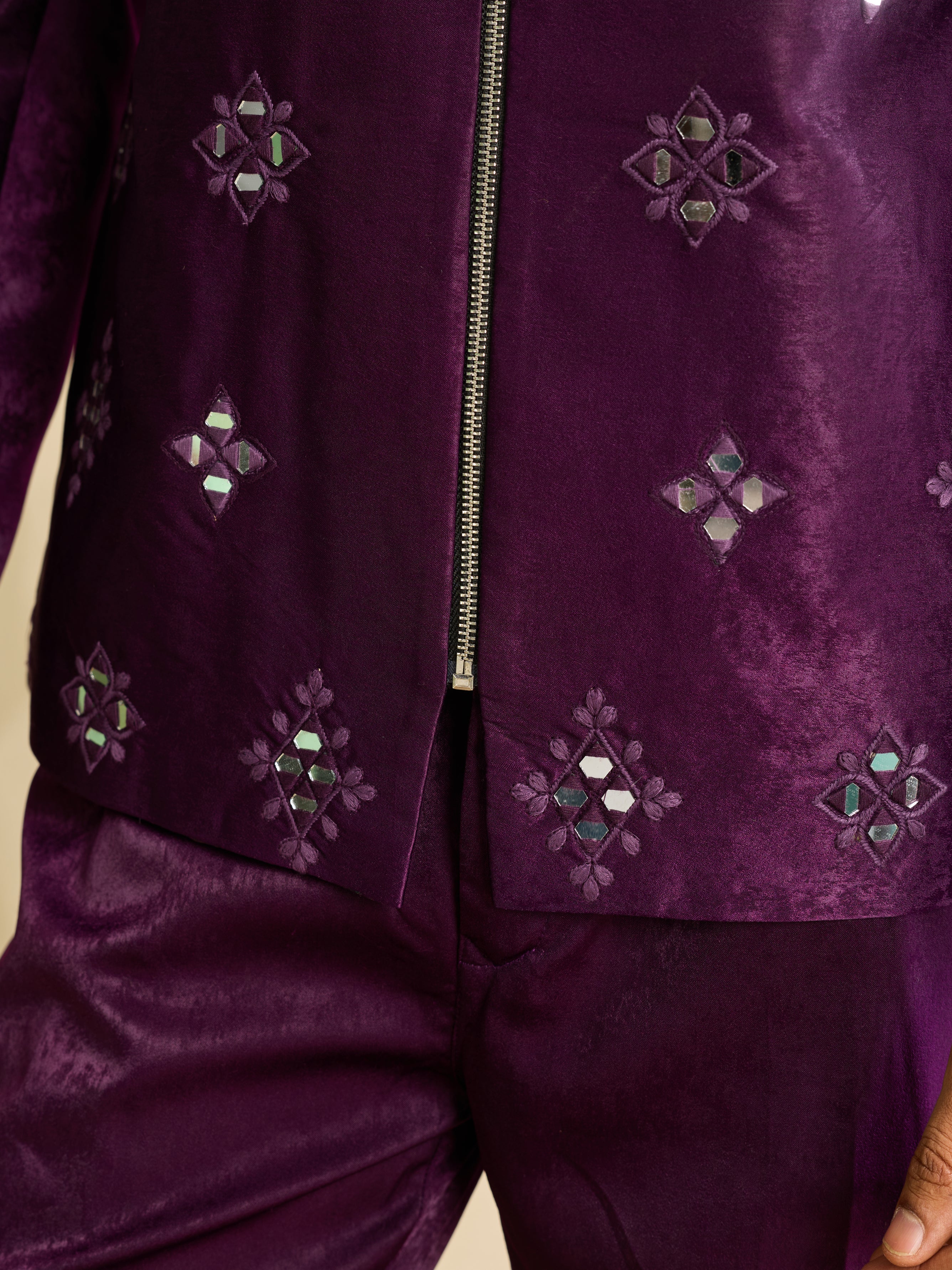 Bold Purple Velvet Mirror Embroidery Bomber Jacket Set for Men
