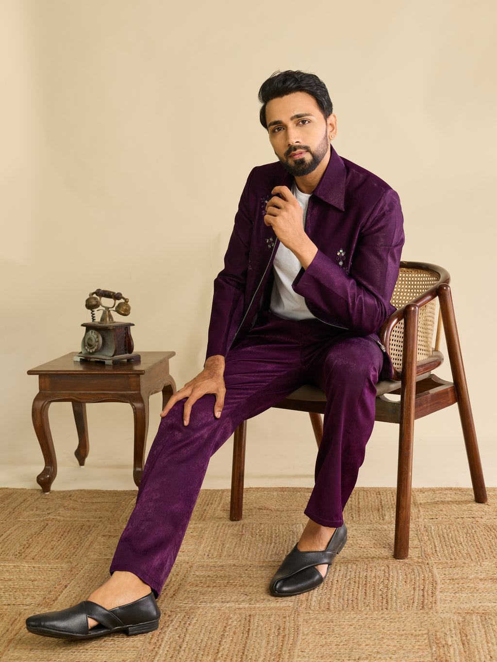 Bold Purple Velvet Mirror Embroidery Bomber Jacket Set for Men

