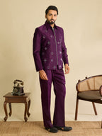 Bold Purple Velvet Mirror Embroidery Bomber Jacket Set for Men
