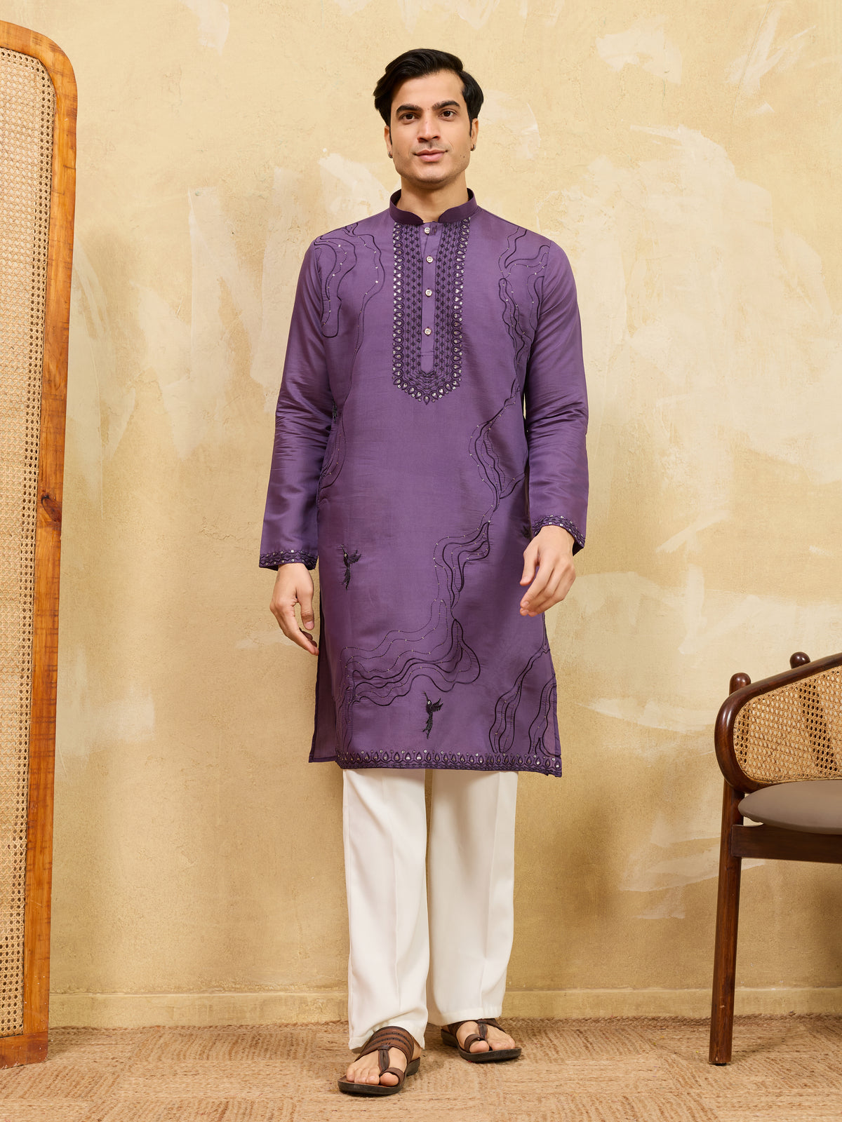 Luxury Purple Viscose Silk Embroidered Work Kurta Pant Set
