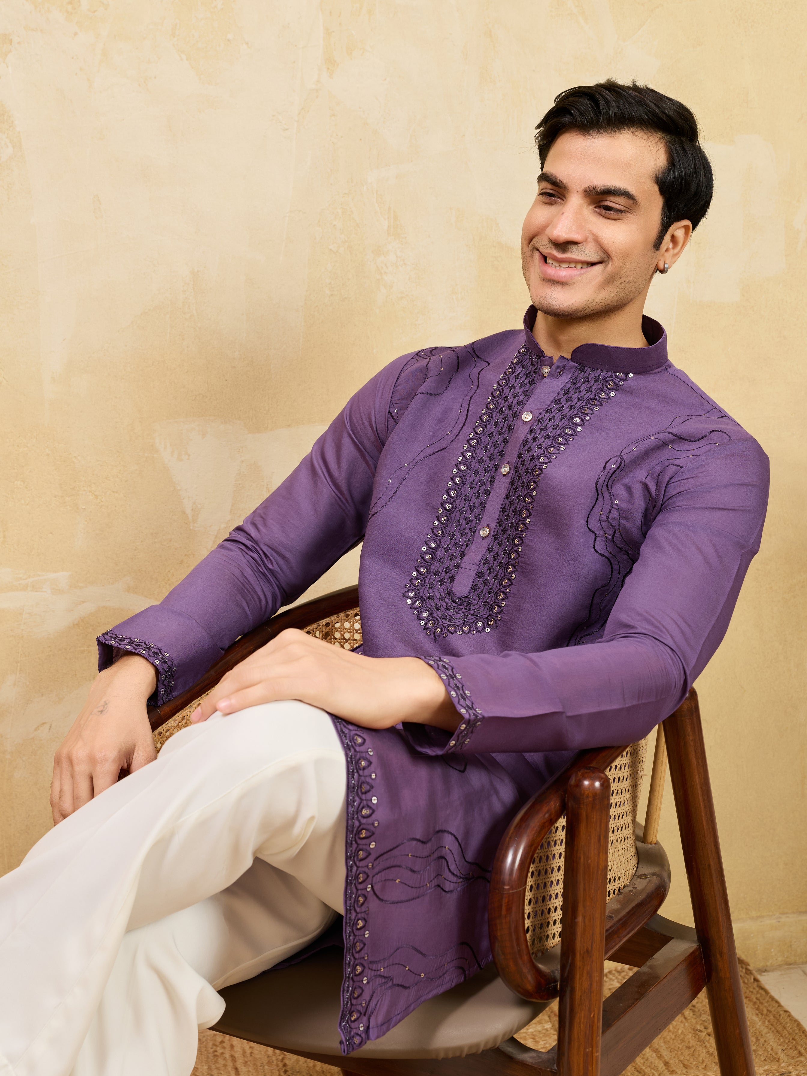 Luxury Purple Viscose Silk Embroidered Work Kurta Pant Set