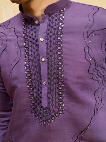 Luxury Purple Viscose Silk Embroidered Work Kurta Pant Set