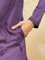 Luxury Purple Viscose Silk Embroidered Work Kurta Pant Set
