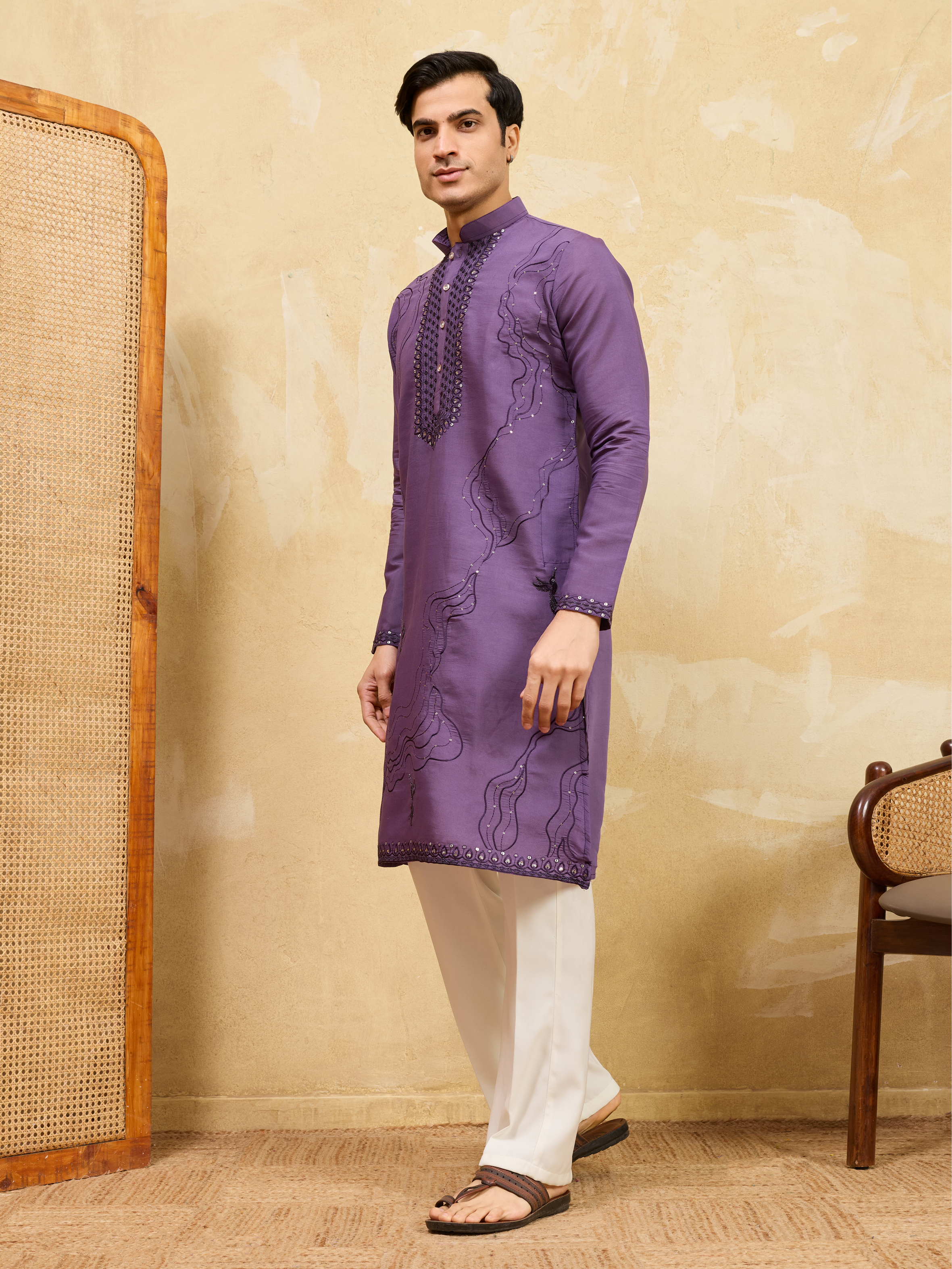Luxury Purple Viscose Silk Embroidered Work Kurta Pant Set
