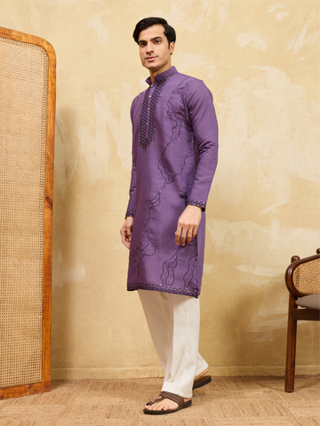 Luxury Purple Viscose Silk Embroidered Work Kurta Pant Set
