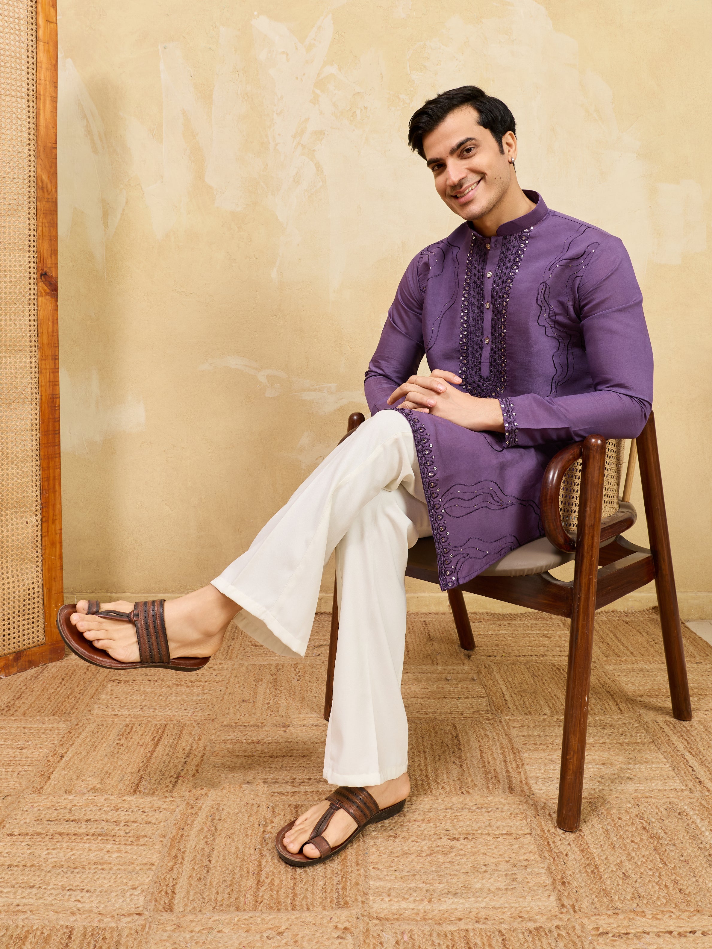Luxury Purple Viscose Silk Embroidered Work Kurta Pant Set
