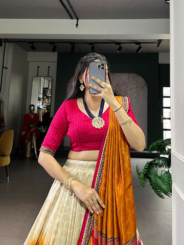 Tasar Silk Tie-Dye Lehenga Choli with Elegant Lace Accents Dupatta For Women