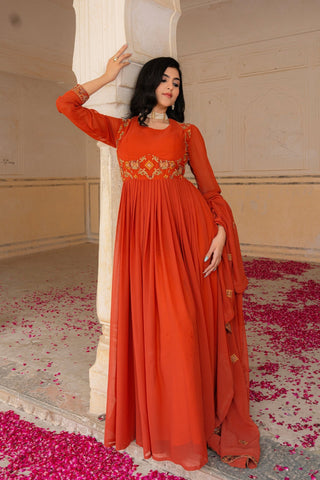 Radiant Orange Georgette Anarkali With Intricate Embroidered Detailing