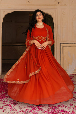 Radiant Orange Georgette Anarkali With Intricate Embroidered Detailing