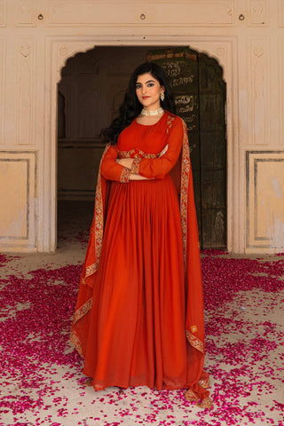 Radiant Orange Georgette Anarkali With Intricate Embroidered Detailing