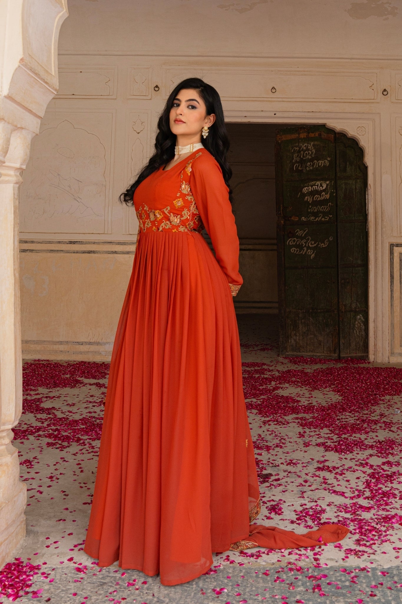 Radiant Orange Georgette Anarkali With Intricate Embroidered Detailing