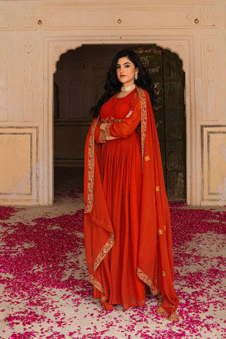 Radiant Orange Georgette Anarkali With Intricate Embroidered Detailing