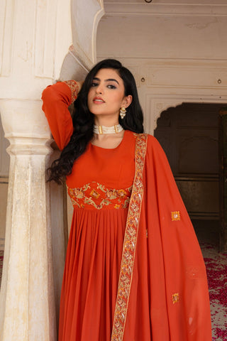 Radiant Orange Georgette Anarkali With Intricate Embroidered Detailing