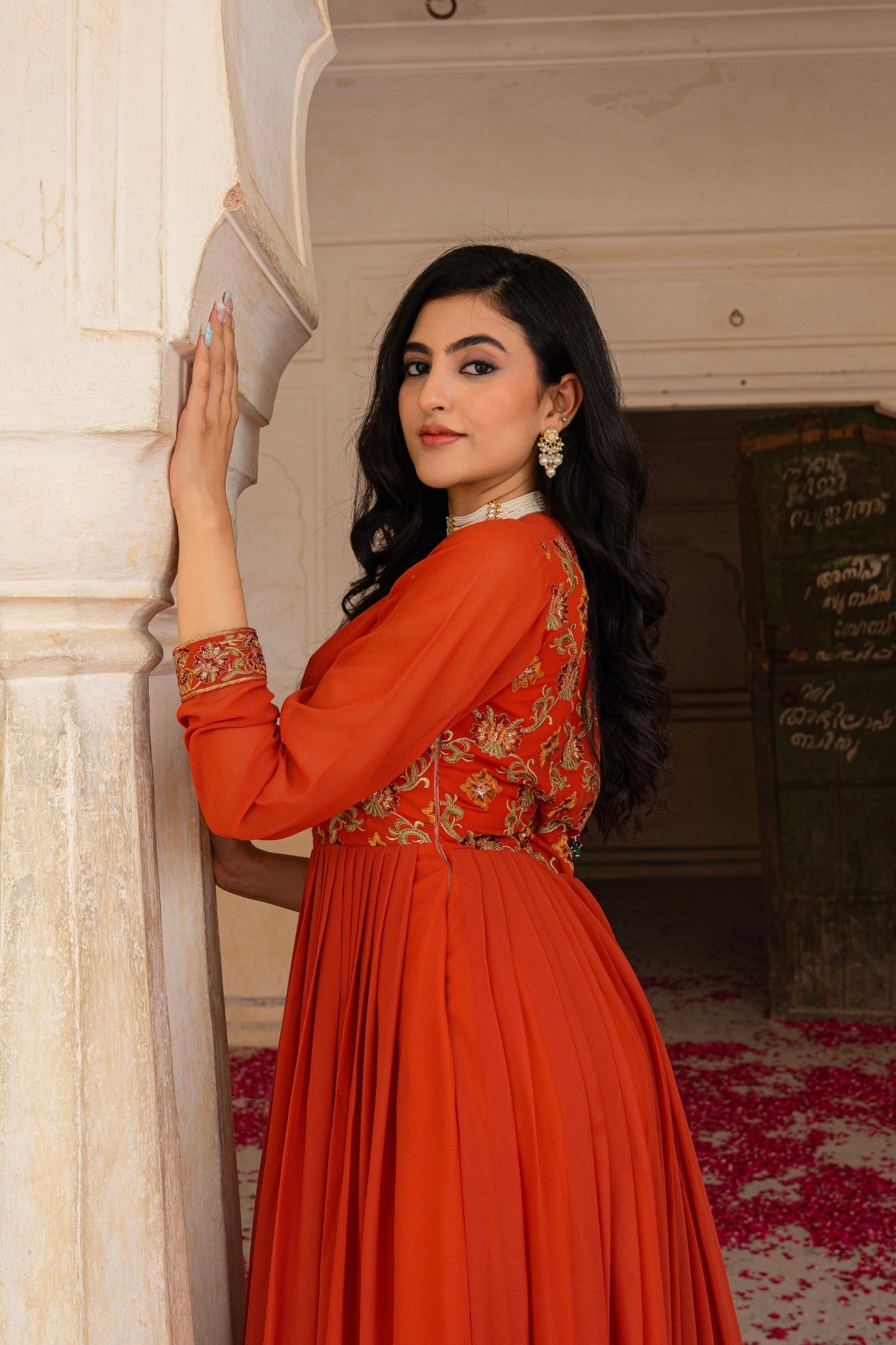 Radiant Orange Georgette Anarkali With Intricate Embroidered Detailing