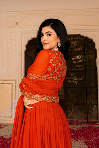 Radiant Orange Georgette Anarkali With Intricate Embroidered Detailing