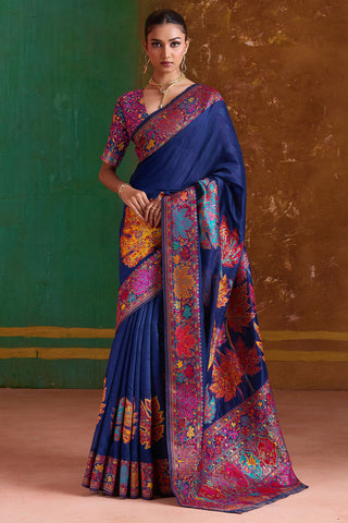 Sizzling Navy Blue Pashmina Saree With Incredible Blouse Piece