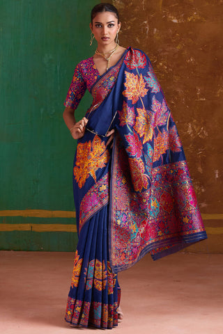 Sizzling Navy Blue Pashmina Saree With Incredible Blouse Piece