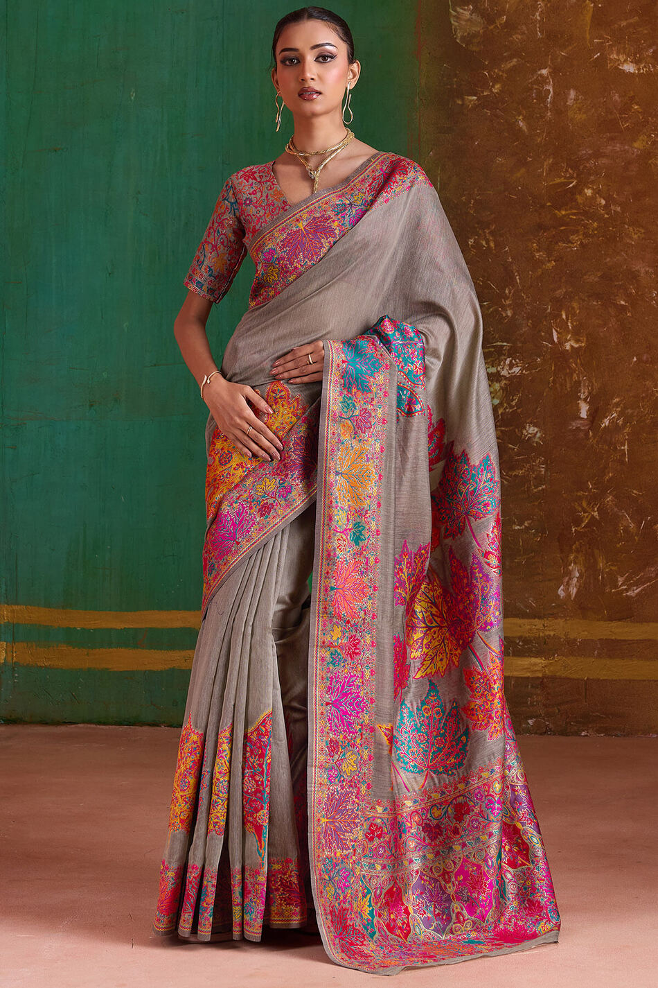 Appealing Grey Pashmina Saree With Charming Blouse Piece
