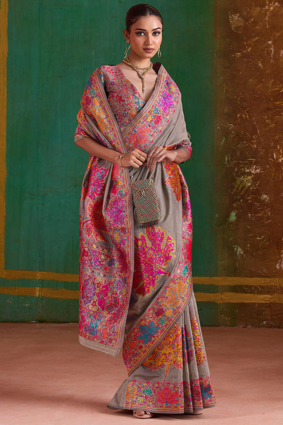 Appealing Grey Pashmina Saree With Charming Blouse Piece