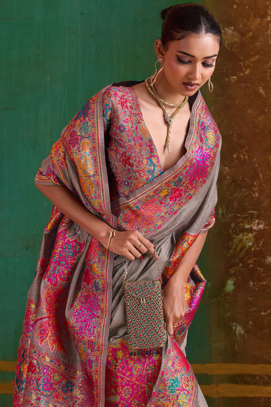 Appealing Grey Pashmina Saree With Charming Blouse Piece