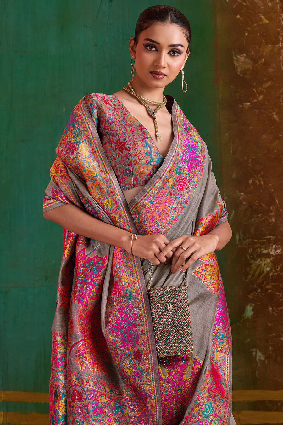 Appealing Grey Pashmina Saree With Charming Blouse Piece