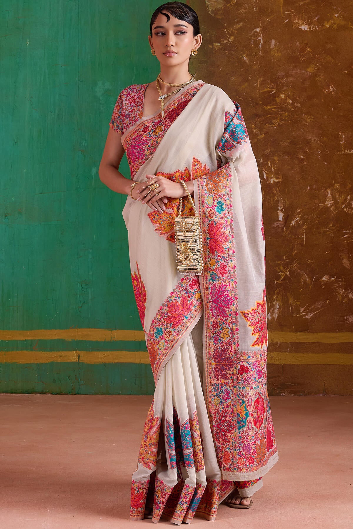 Extraordinary Beige Pashmina Saree With Pleasant Blouse Piece