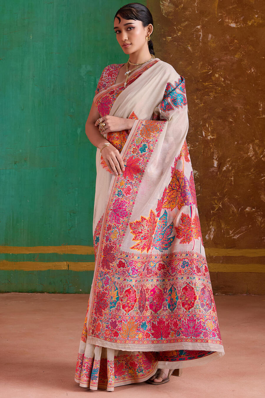 Extraordinary Beige Pashmina Saree With Pleasant Blouse Piece