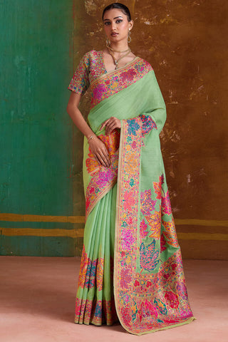Resonant Pista Pashmina Saree With Classic Blouse Piece