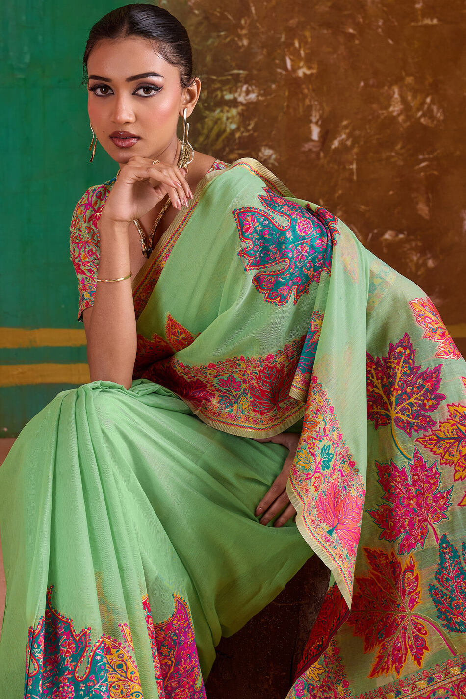 Resonant Pista Pashmina Saree With Classic Blouse Piece