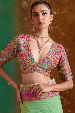 Resonant Pista Pashmina Saree With Classic Blouse Piece