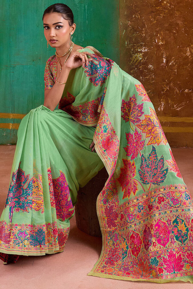 Resonant Pista Pashmina Saree With Classic Blouse Piece