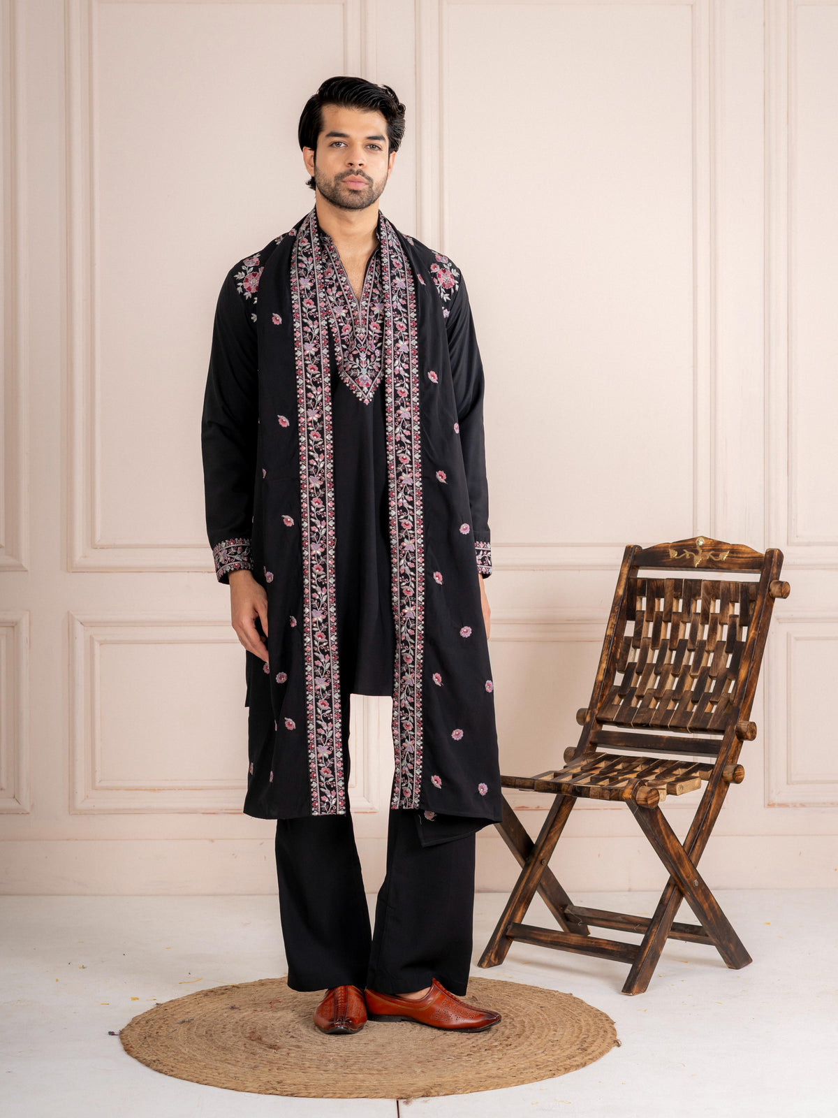 Bold Wine Japanese Lachka Embroidered Kurta Dupatta Pant Set
