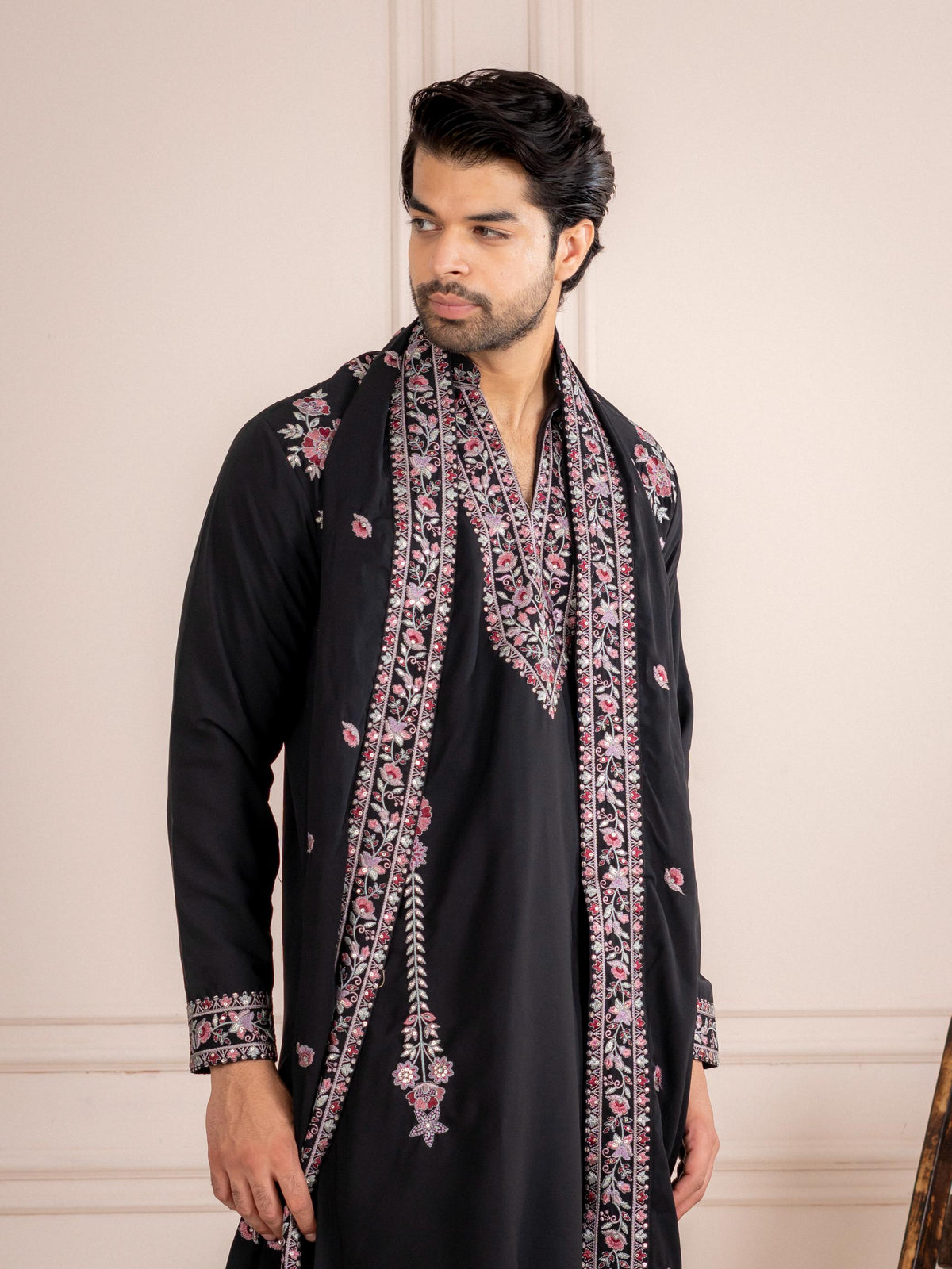Bold Wine Japanese Lachka Embroidered Kurta Dupatta Pant Set
